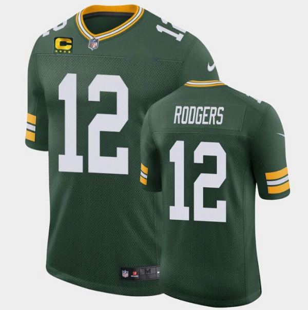 Men's Green Bay Packers #12 Aaron Rodgers Green with C Patch Classic Stitched Football Jersey